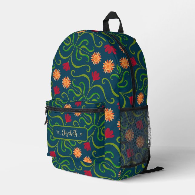Mochila Impresa Floral Damask Sunflower Boho Navy Arte Folclórico  (Esquina derecha trasera )