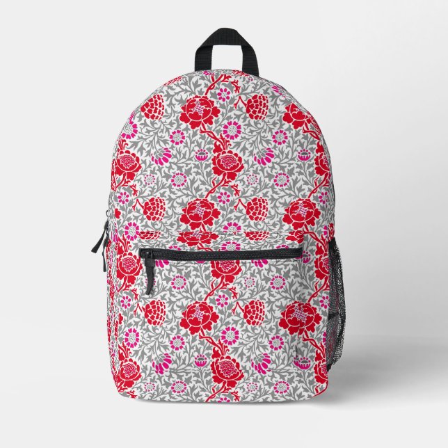 Mochila Impresa Floral jacobea, rojo profundo, rosa y gris (Anverso)