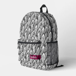 Mochila Impresa Floral moderna de margarita hippie blanca y negra