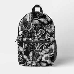 Mochila Impresa Floral monocromática antigua con mariposas