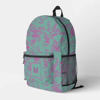 Mochila Impresa Floral rosa caliente monogramada y turquesa