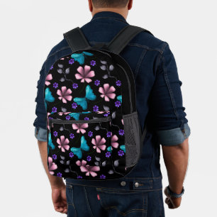 Mochila Impresa Floral Rosa Caprichosa y Mariposa Azul Sin Costura