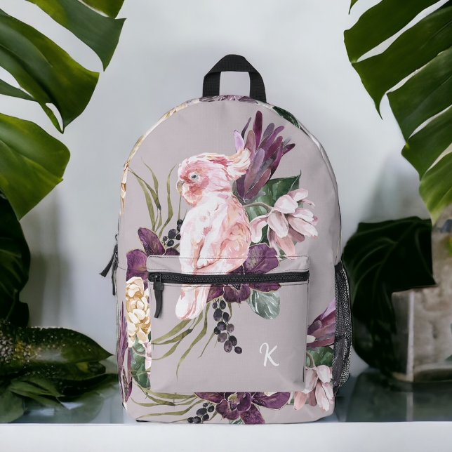 Mochila Impresa Floral tropical de loro rosa exótico con monograma (Subido por el creador)