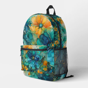 Mochila Impresa Flores abstractas azules verdes turquesa doradas n