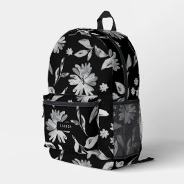 Mochila Impresa Flores acuarelas de estampado floral blanco y negr