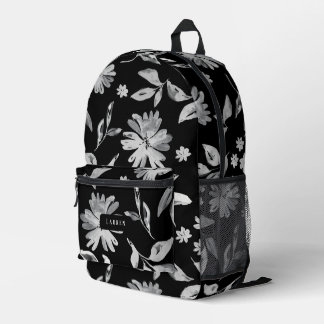 Mochila Impresa Flores acuarelas de estampado floral blanco y negr