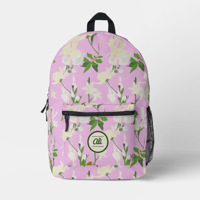 Mochila Impresa Flores blancas 1 fondo de lila (Anverso)