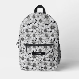 Mochila Impresa Flores Blancas Negras Monograma Floral Nombre