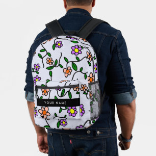 Mochila Impresa Flores Coloridas, Fondo Azul, Negro