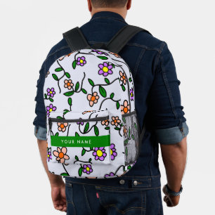 Mochila Impresa Flores Coloridas, Fondo Azul, Verde