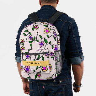 Mochila Impresa Flores Coloridas, Fondo Rosa, Amarillo