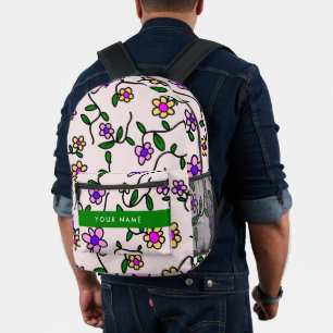 Mochila Impresa Flores Coloridas, Fondo Rosa, Verde