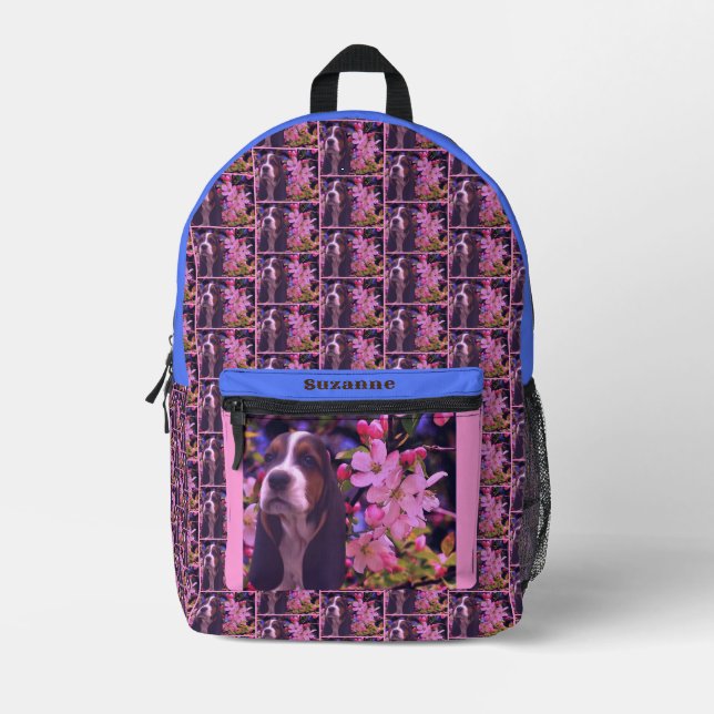 Mochila Impresa Flores de cachorro de abeto basset personalizadas (Anverso)