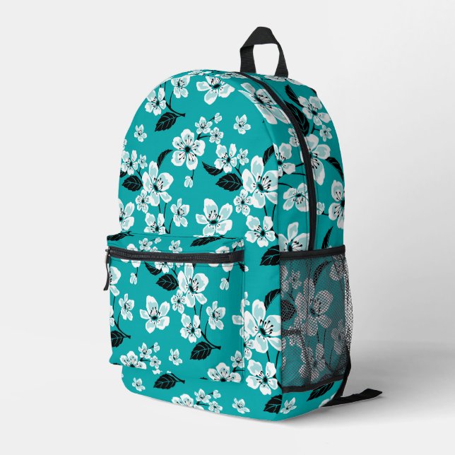 MOCHILA IMPRESA FLORES DE CEREZO - PATRÓN SAKURA EN TEAL (Esquina derecha trasera )