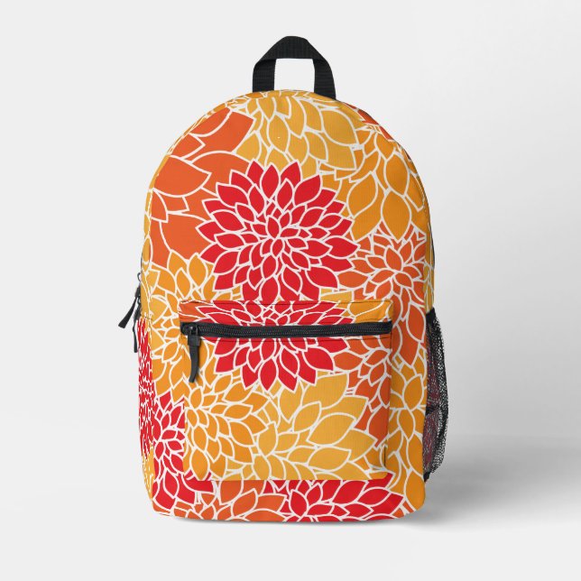 Mochila Impresa Flores De Dahlia, Patrón De Flores, Naranja Dahlia (Anverso)