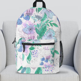 Mochila Impresa Flores de doodle de color acuático grande y hojas