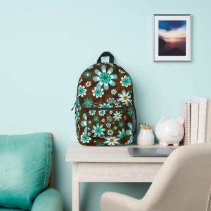 Mochila Impresa Flores de mod retro marrón y azul