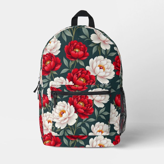 Mochila Impresa flores de peonía rojas y blancas (Anverso)