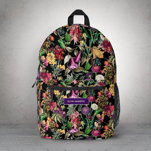 Mochila Impresa Flores elegantes y hojas patrón floral negro