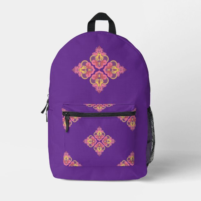 Mochila Impresa Flores en morado (Anverso)