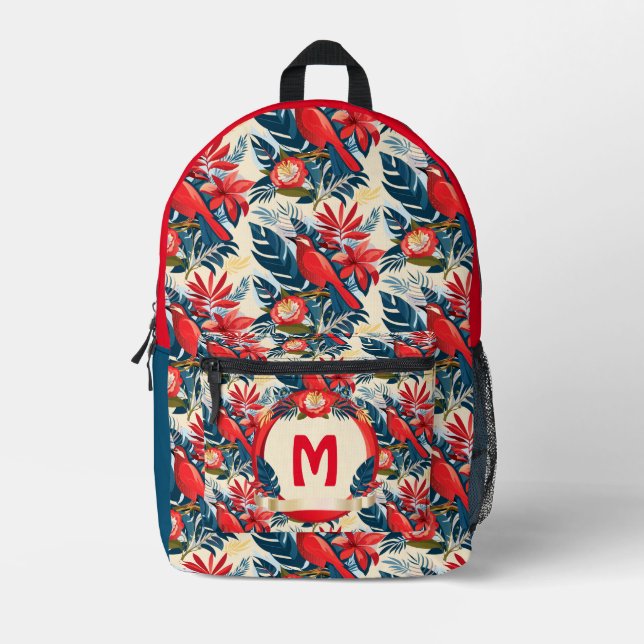 Mochila Impresa Flores exóticas de Monograma y patrón de pájaros r (Anverso)