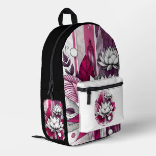 Mochila Impresa Flores Lotus, en blanco y negro magenta