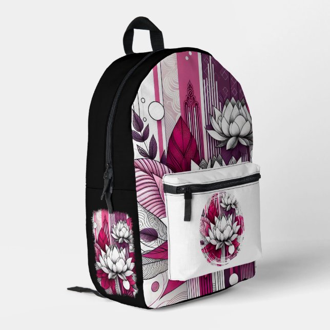 Mochila Impresa Flores Lotus, en blanco y negro magenta (Esquina izquierda trasera)