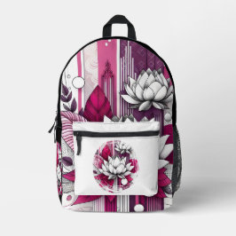 Mochila Impresa Flores Lotus, en blanco y negro magenta