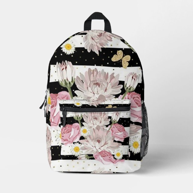 Mochila Impresa Flores, mariposas y rayas (Anverso)