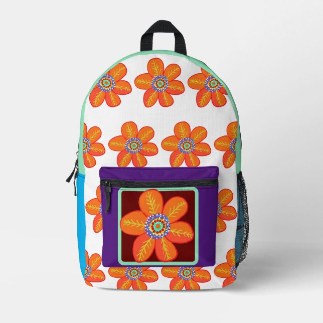 Mochila Impresa Flores moradas amarillas naranjas (Anverso)