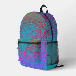 Mochila Impresa Flores naranjas moradas y fondo azul suave