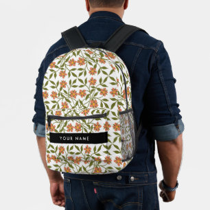 Mochila Impresa Flores Naranjas, Patrón Floral, Boho, Tu Nombre
