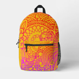 Mochila Impresa Flores naranjas y púrpuras y fondo amarillo