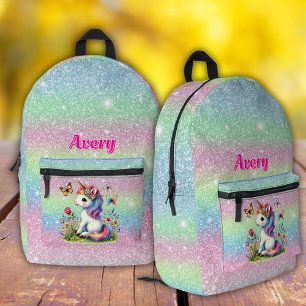 Mochila Impresa Flores praderas de unicornio purpurina