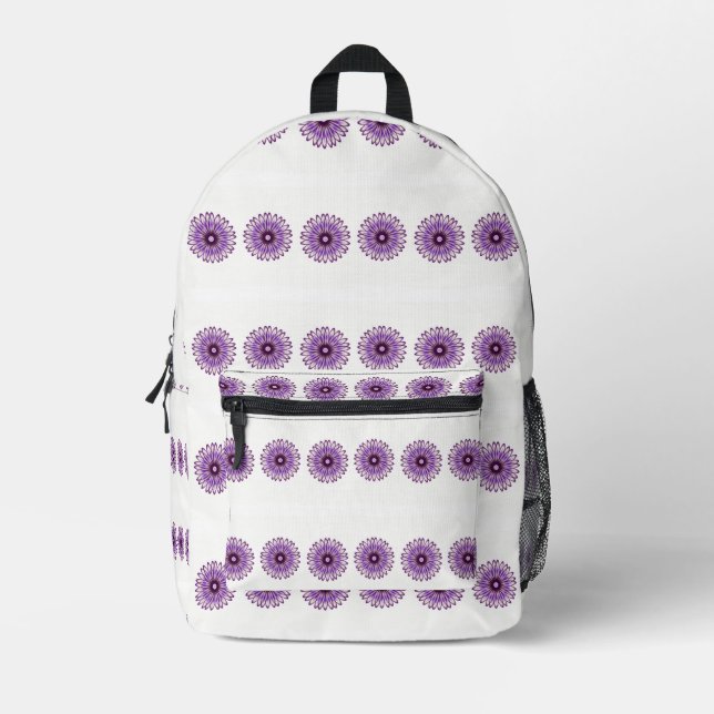 Mochila Impresa Flores púrpuras abstractas sobre blanco (Anverso)