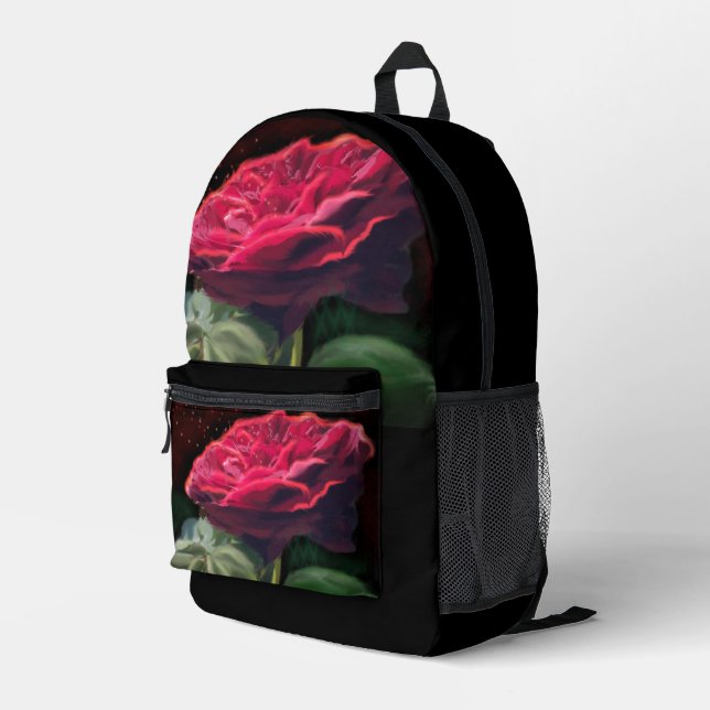 Mochila Impresa Flores rojas de flores verdes de arte negro floral (Esquina derecha trasera )