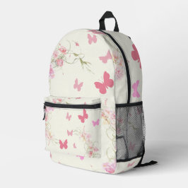 Mochila Impresa Flores rosadas, mariposas, fondo rosa pálido