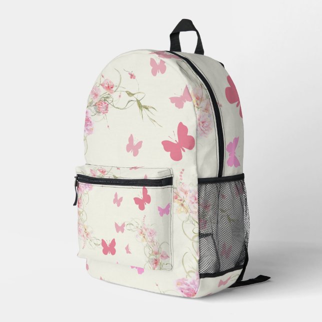 Mochila Impresa Flores rosadas, mariposas, fondo rosa pálido (Esquina derecha trasera )