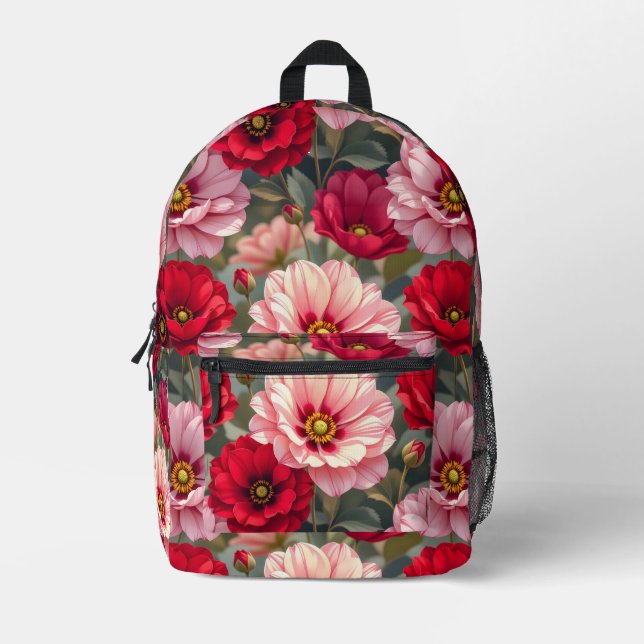 Mochila Impresa Flores rosadas, rojas y malvas (Anverso)