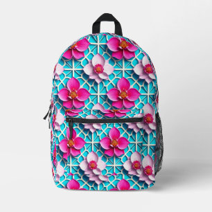Mochila Impresa Flores rosadas sobre un fondo azul geométrico
