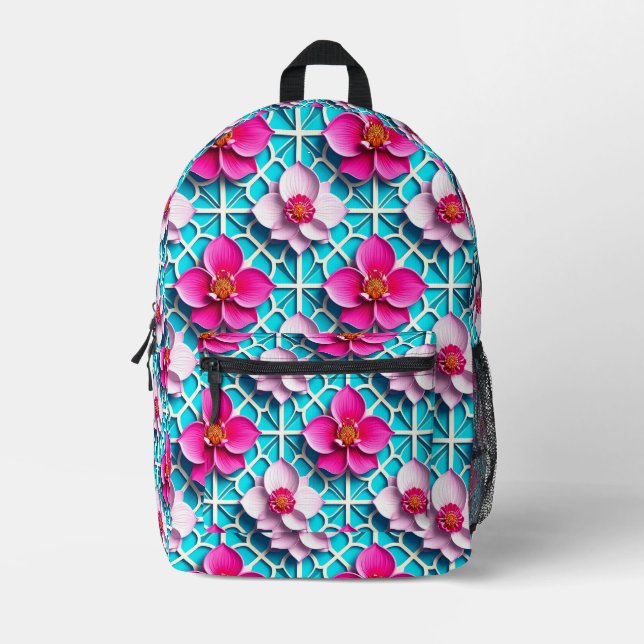 Mochila Impresa Flores rosadas sobre un fondo azul geométrico (Anverso)