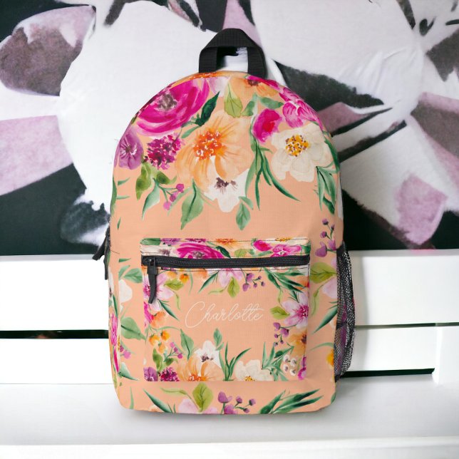 Mochila Impresa Flores salvajes brillantes nombre de melocotón ros (Bright bold wild flowers neon pink peach name printed backpack)