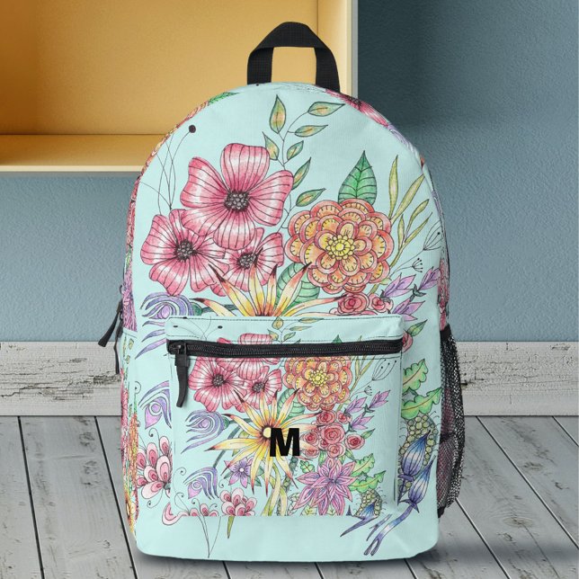 Mochila Impresa Flores salvajes de primavera vibrante en monogramo (Subido por el creador)