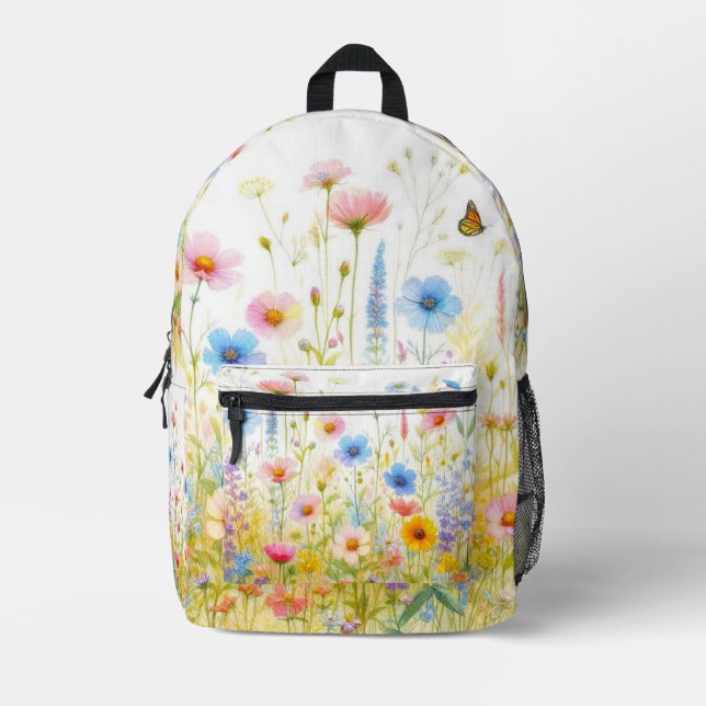 Mochila Impresa Flores silvestres azul rosado sobre blanco (Anverso)