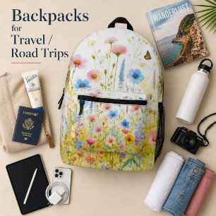Mochila Impresa Flores silvestres rosa azul floral sobre blanco