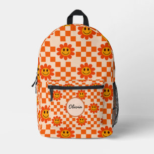 Mochila Impresa Flores Sonrientes Naranja a Cuadros Nombre Persona