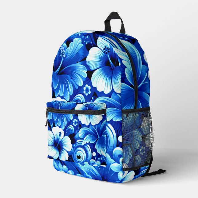Mochila Impresa Flores tropicales hawaianas Hibiscus Cobalt Blue (Esquina derecha trasera )