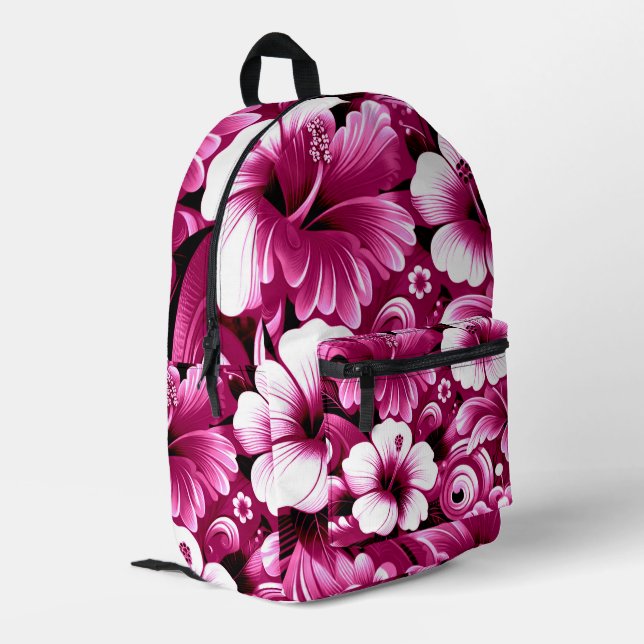 Mochila Impresa Flores tropicales hawaianas Hibiscus Pink White (Esquina izquierda trasera)