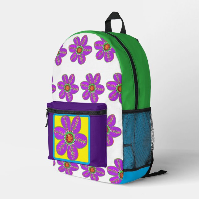 Mochila Impresa Flores Verdes Purpura (Esquina derecha trasera )