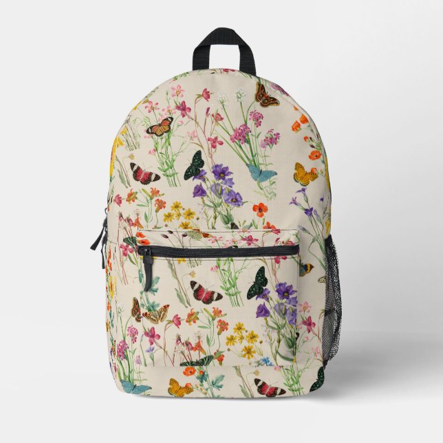 Mochila Impresa Flores y mariposas acuáticas Jardín floral (Anverso)
